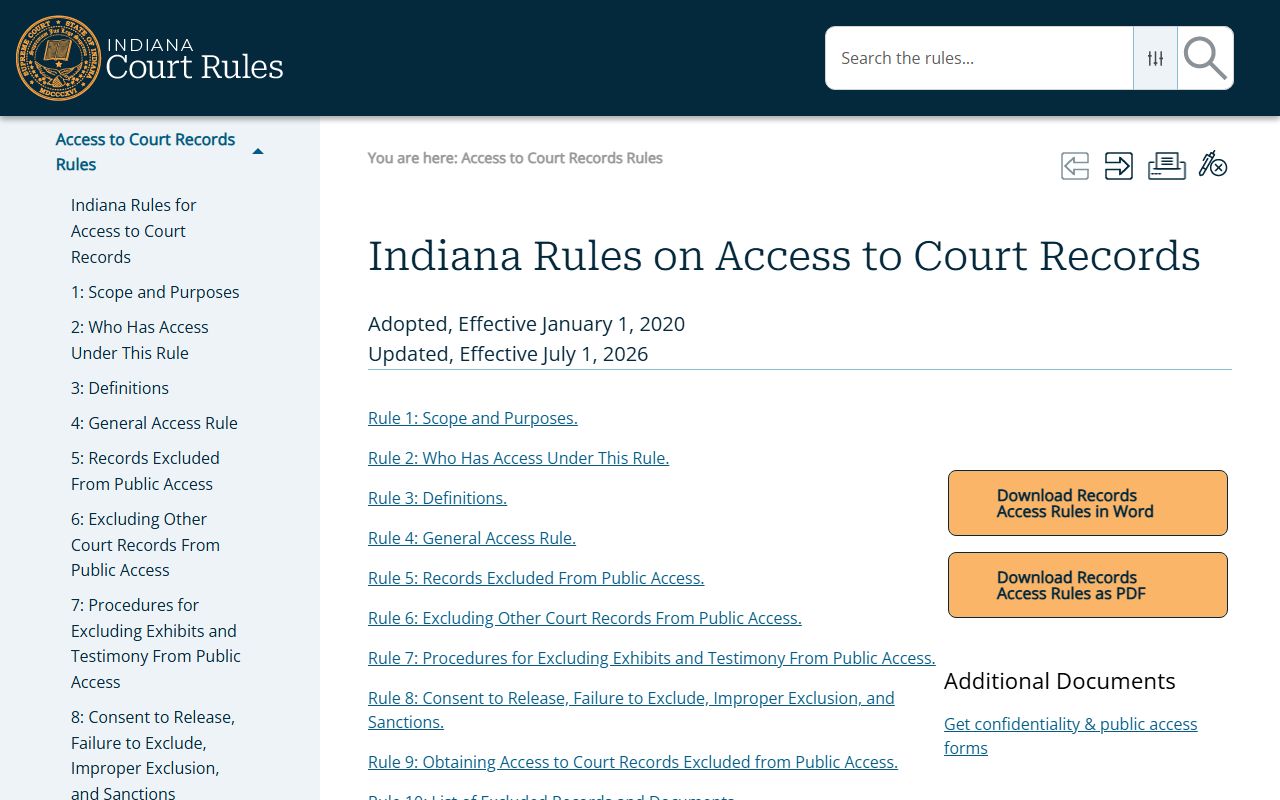 Rush County court dockets access to court records rules