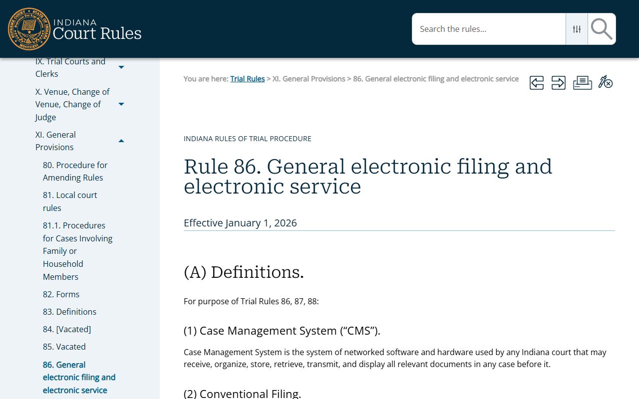 Rush County court dockets Indiana Trial Rule 86 electronic filing