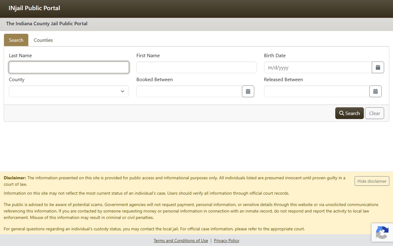 Rush County inmate records INjail public portal search screen