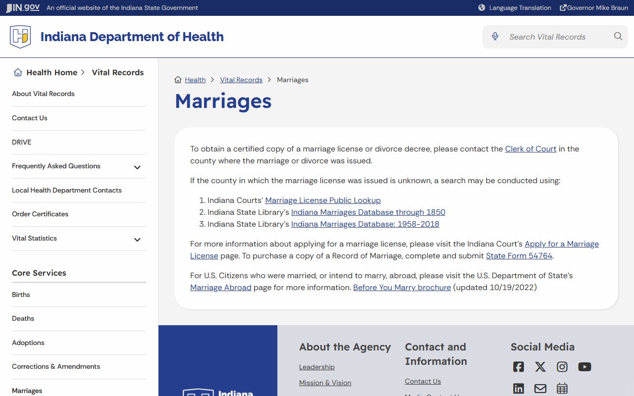 Rush County marriage records Indiana Department of Health certified copy guidance