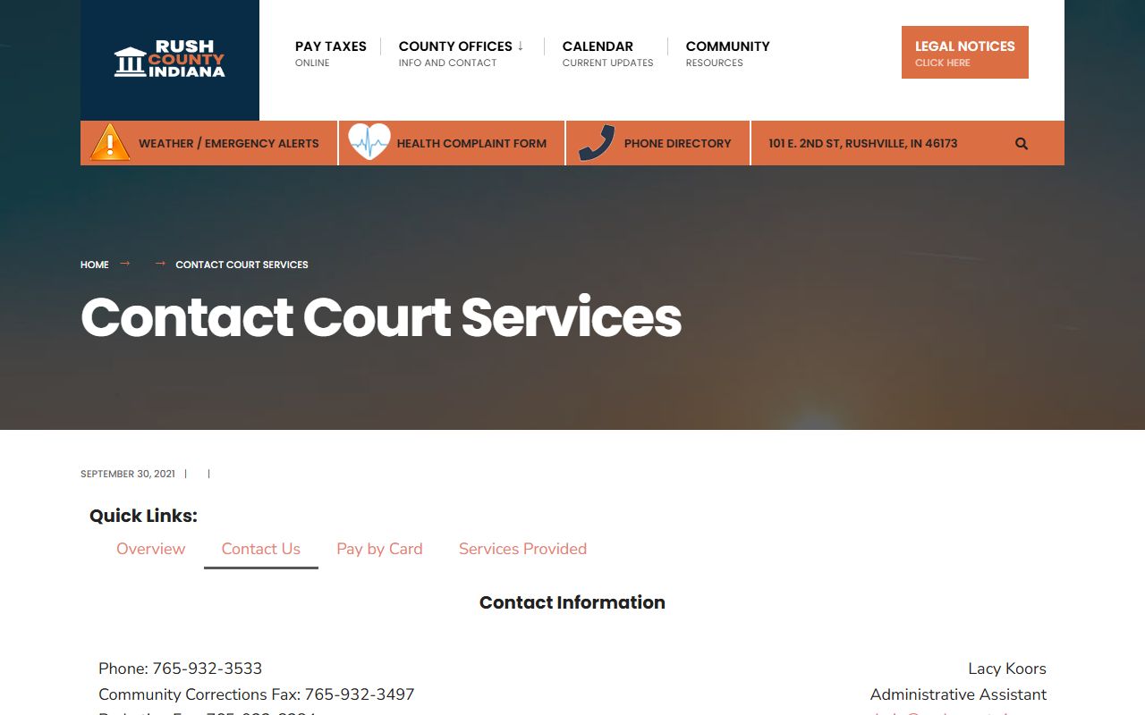 Rush County probate records court services contact page