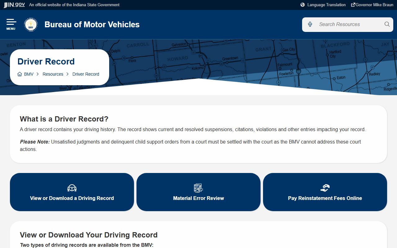 Rush County traffic court records Indiana BMV driver record page