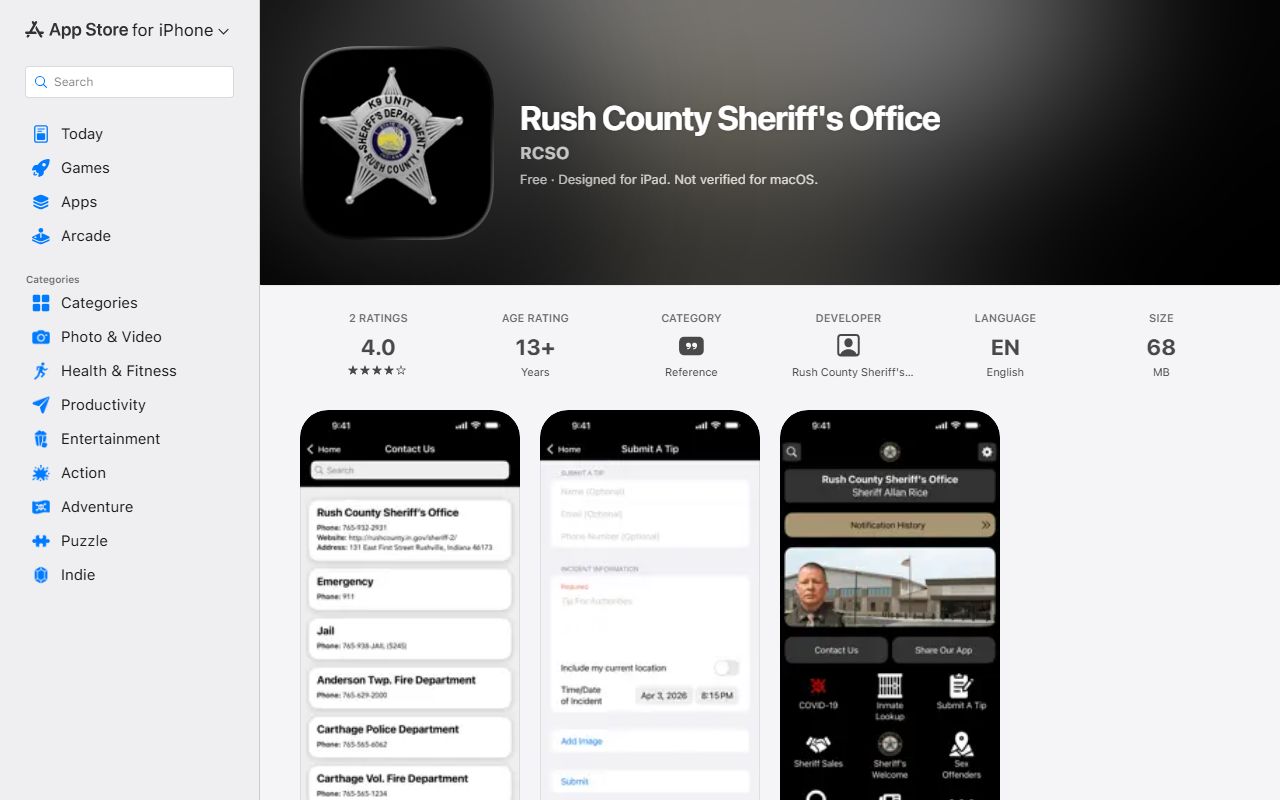 Rush County warrant records sheriff iOS app listing