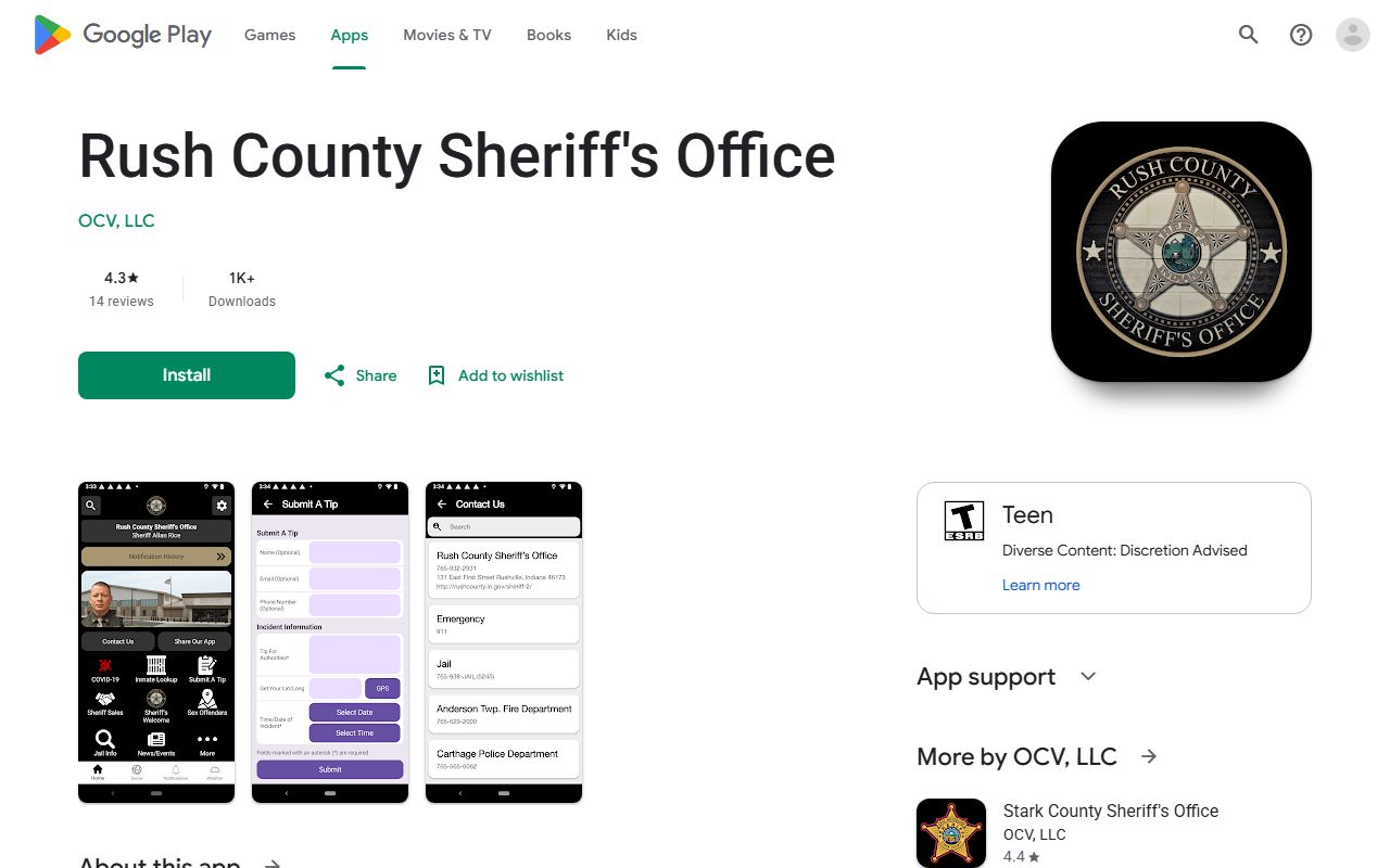 Rush County warrant records sheriff Android app listing
